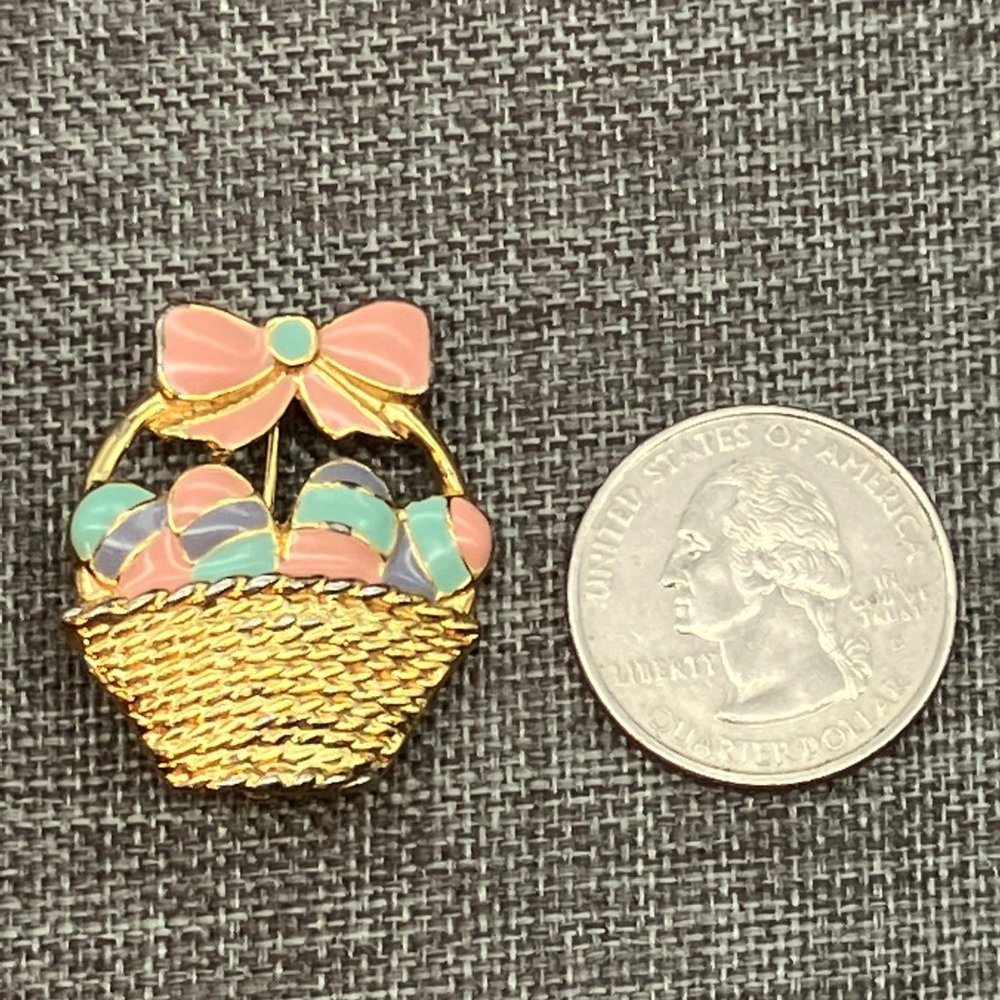 SFJ Easter Basket Pin Brooch As Is Gold Pink Blue Purple Enamel Woven Retro